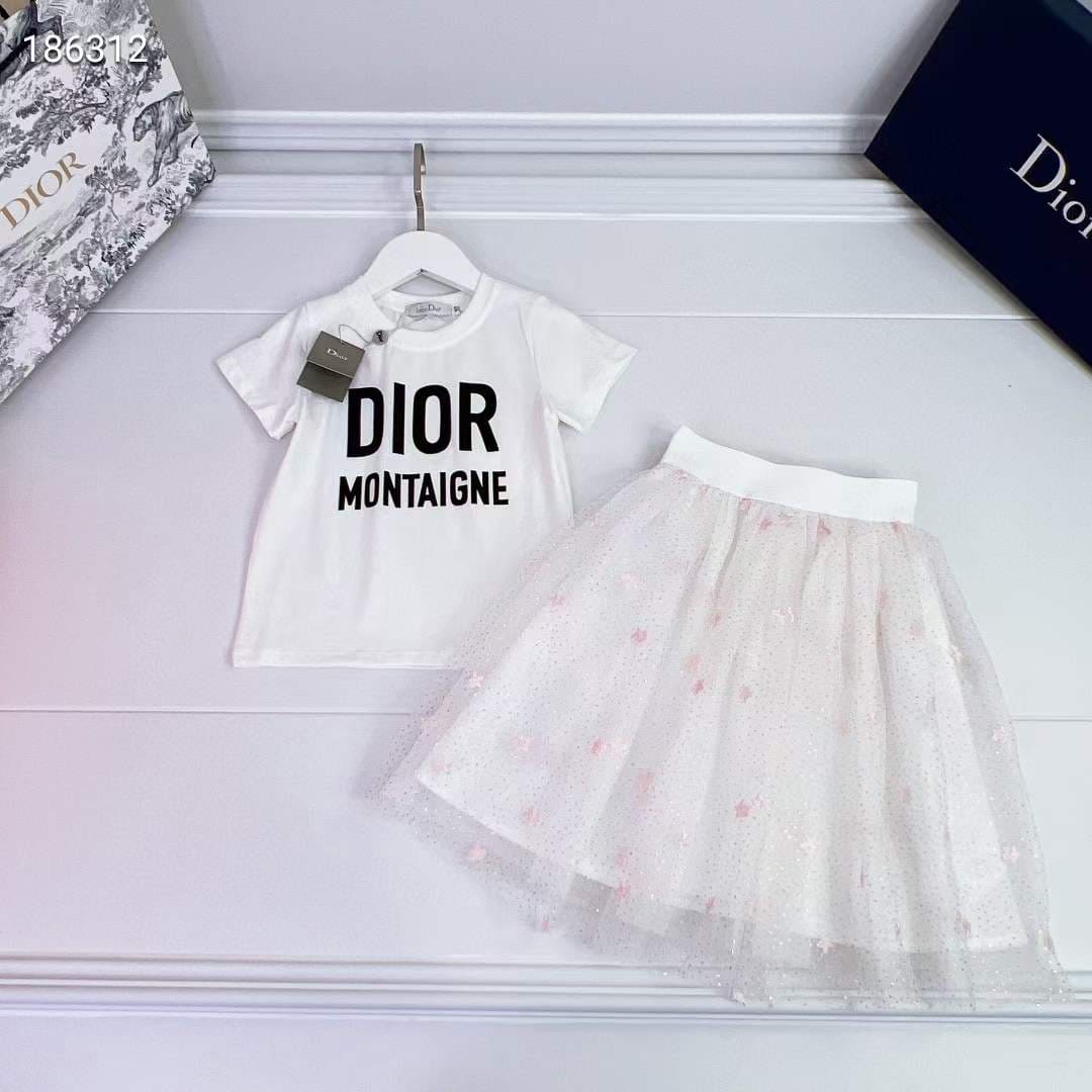 Dior Girl Ivory and Bright Pink Flocked Tulle Skirt and White Cotton Shirt set