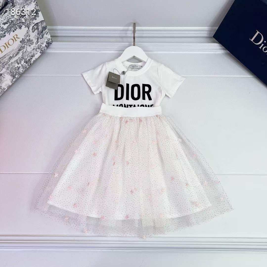Dior Girl Ivory and Bright Pink Flocked Tulle Skirt and White Cotton Shirt set