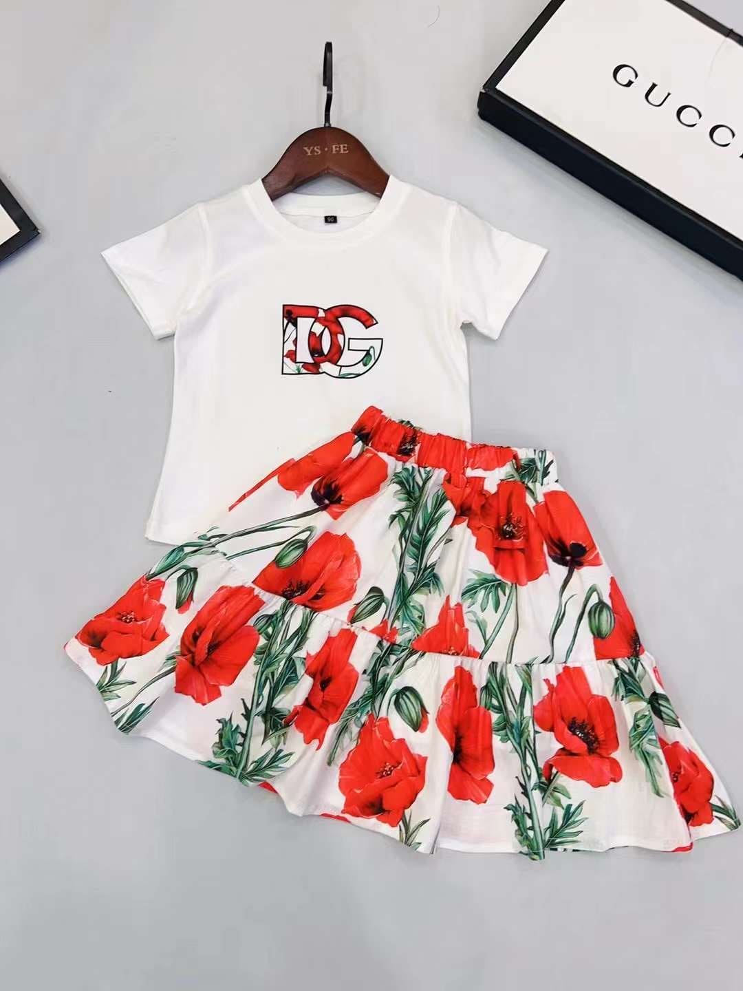 Dolce & Gabbana Kids Girls Cotton Poppy Print Skirt and white flower logo print shirt