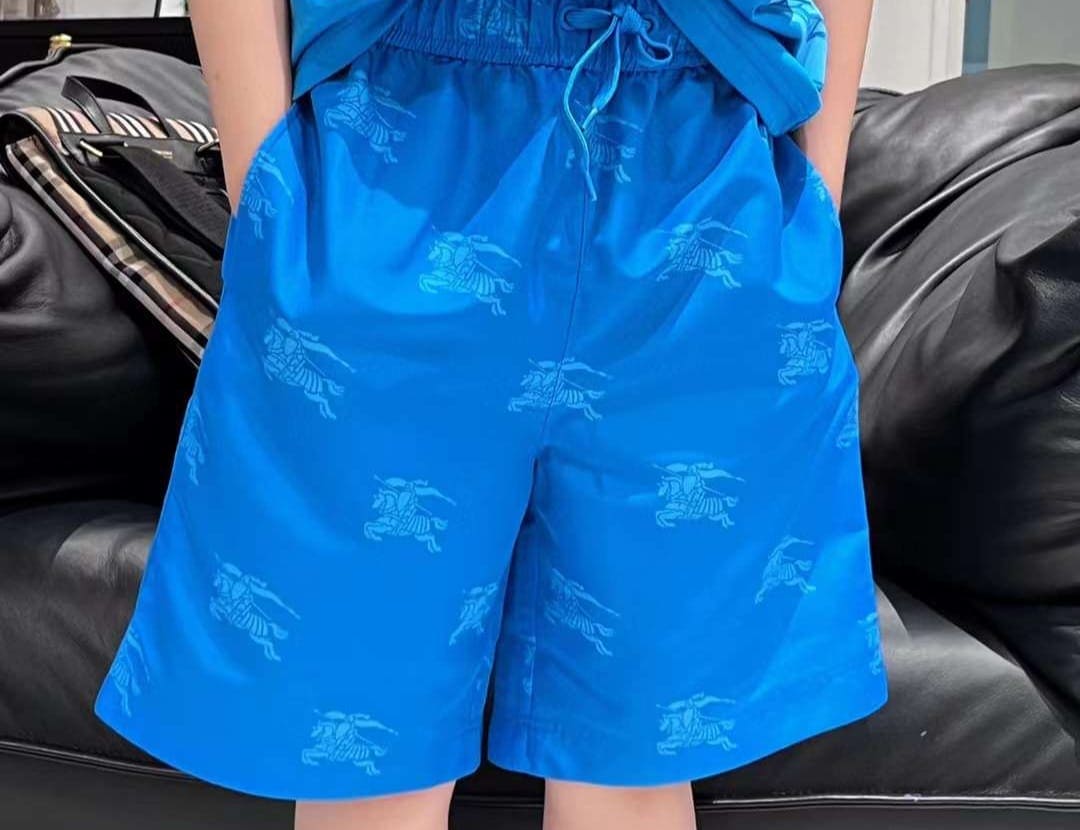 Burberry Kids Light Blue Equestrian Knight Print Shorts