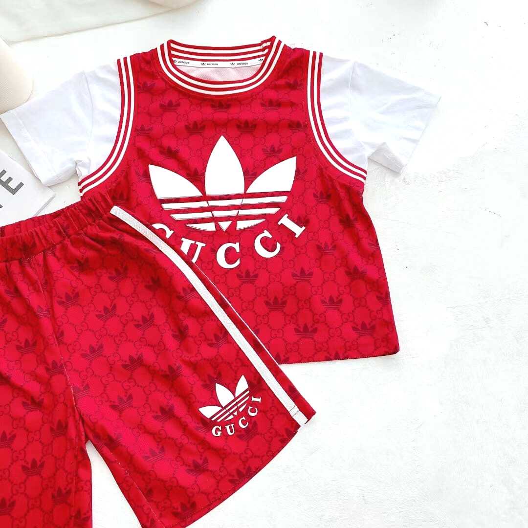 White and Red Gucci Logo Print T-shirt and Printed Cotton Short Set