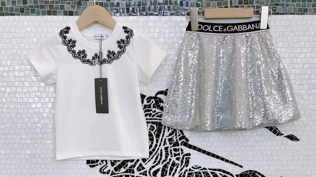 Dolce & Gabbana Kids White Logo Printed Shirt and Metallic Sequin Skirt