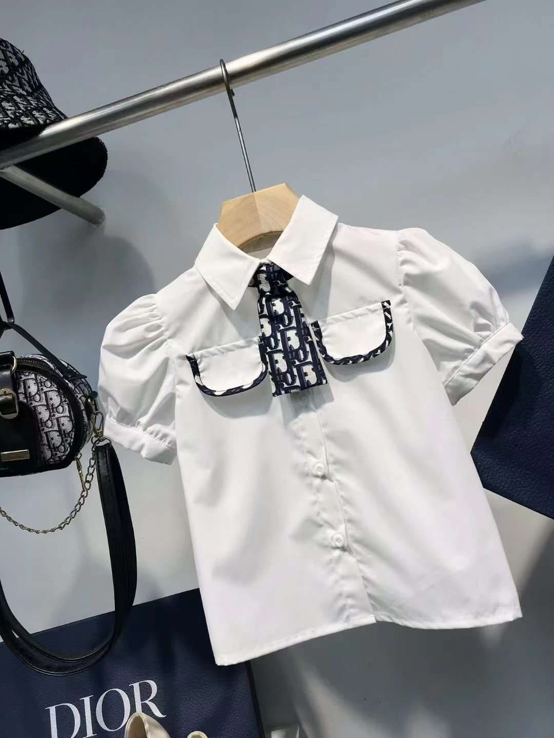 White Christian Dior collar shirt with Monogram Logo pattern Tie for girls