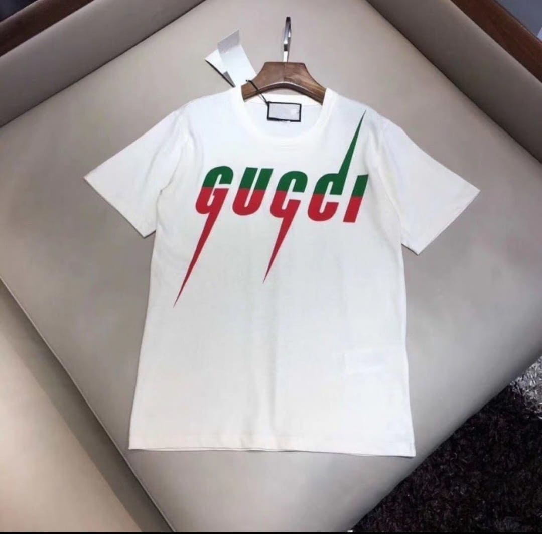 White round neck t-shirt with green and red Gucci text logo
