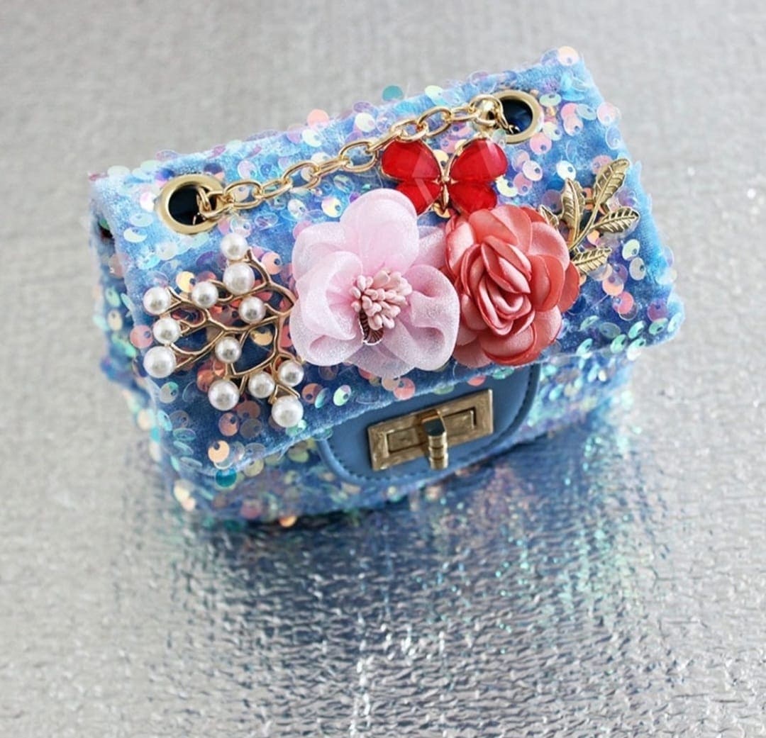 Blue Faux Pearl & Floral Décor Satchel Bag