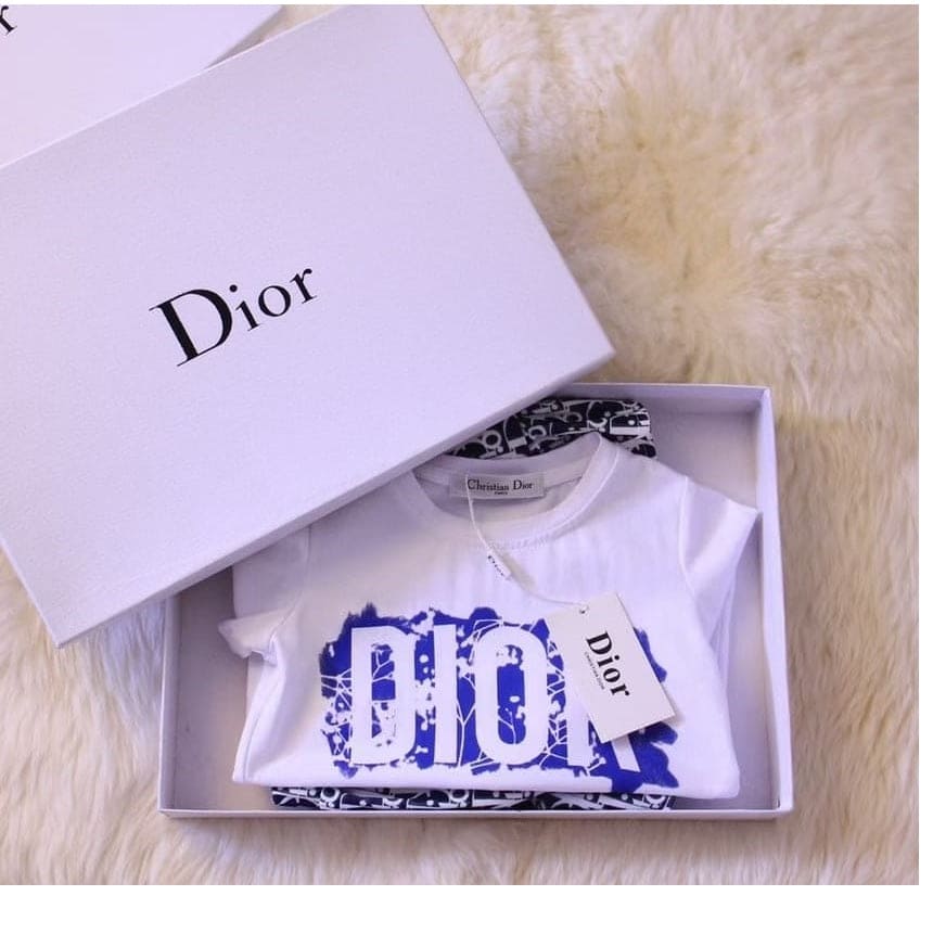 Christian Dior Kids white logo T-shirt and Printed cotton skirt set