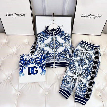 Dolce & Gabbana Kids Boy n Girl' Majolica-print Set with T-shirt, Jacket and Trouser.