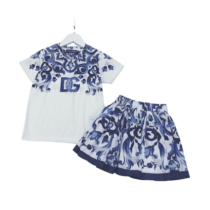 Dolce & Gabbana Kids Majolica White logo T-shirt and Printed Cotton Skirt Set