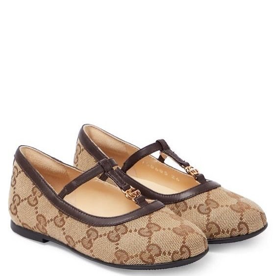 Kids’ GG Supreme Ballet Flats – Brown Leather Trim