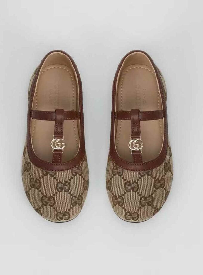 Kids’ GG Supreme Ballet Flats – Brown Leather Trim